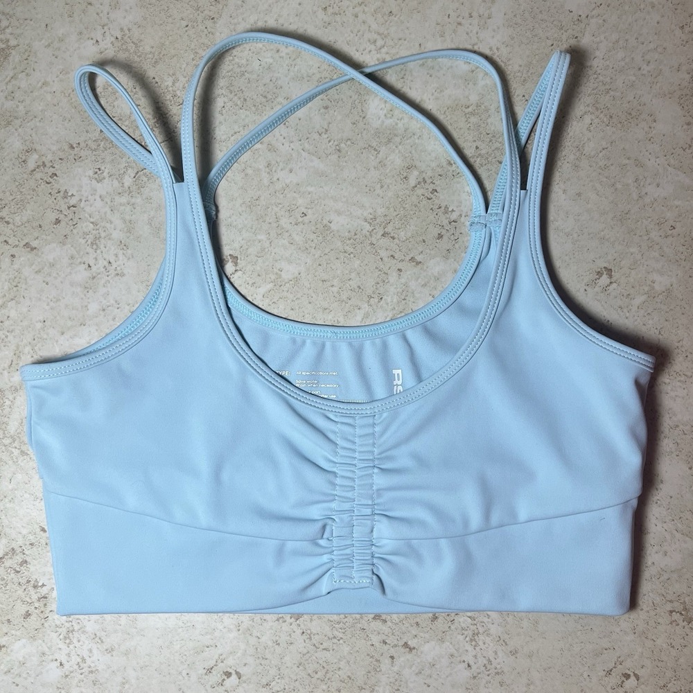 RSQ Sports Bra Large Light Blue Ruched Cinch Front Strappy Criss Cross Back Yoga